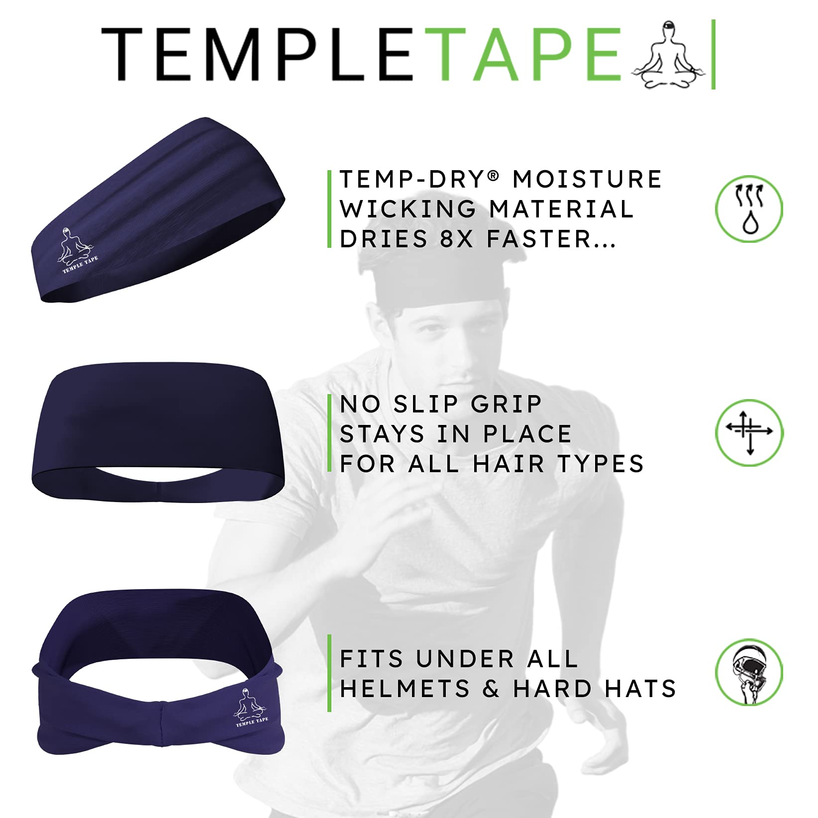Temple Tape Sweat Band Workout Headbands for Women and Men - Sweatbands for Men - Moisture Wicking Sports Sweat Bands Headbands for Women, Running,Cycling,Yoga,Football Headband