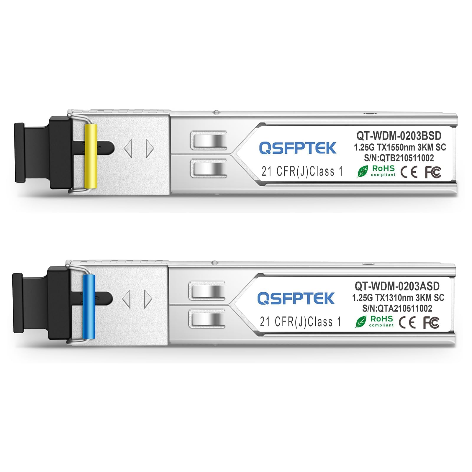 QSFPTEK Moduł 1.25G BIDI WDM SFP, 1000Base-BIDI Transceiver 3 km Simplex SC DDM, Tx1310/Rx1550nm transceiver kompatybilny z Cisco GLC-BX-U, GLC-BX-D, Ubiquiti, Mikrotik, D-Link, Supermicro