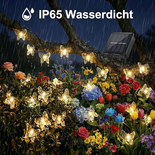 BG9D Solar Lichterkette Aussen Schmetterling,8M 40LED Solar Lichterkette 2M Kabel, 8 Modi, IP67 Wasserdicht für Garten Deko, Balkon, Terrasse, Baum, Party,Warmes Weiß