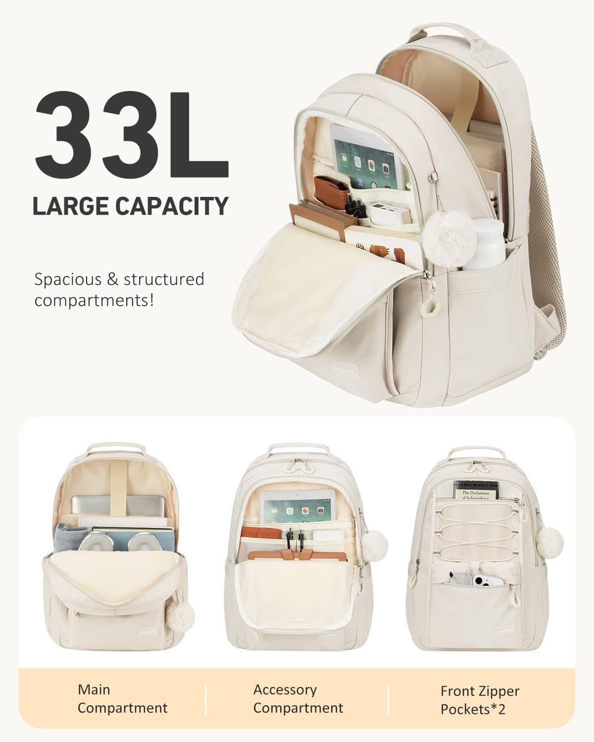 School Backpack for Teens Girls, Aesthetic College Bookbag for Women Students Large Fashion 17.3 Inch Laptop Bag for Work Travel (Beige)