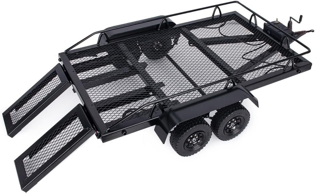 RC Trailer,1/10 RC car Trailer Flatbed kit for Rock Crawler car SCX10 TRX4 TRX6 D90 Wrangler Equipped with Four Tires and Lightweight Metal Trailer Accessories