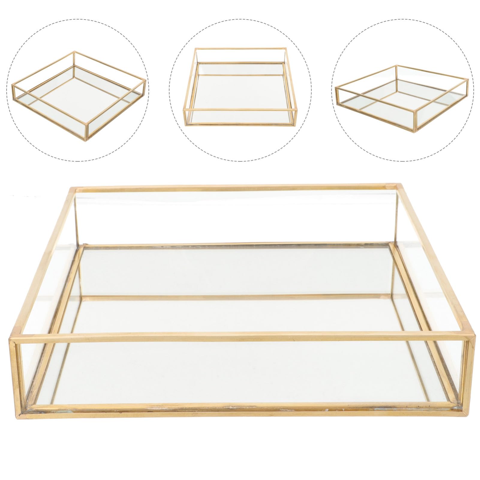 Abaodam Organizer Per Profumi e Vassoio Per Gioielli in Vetro Trasparente Bordo in Ottone, Piatto Quadrato 20x20 Cm Per Bagno e Comò
