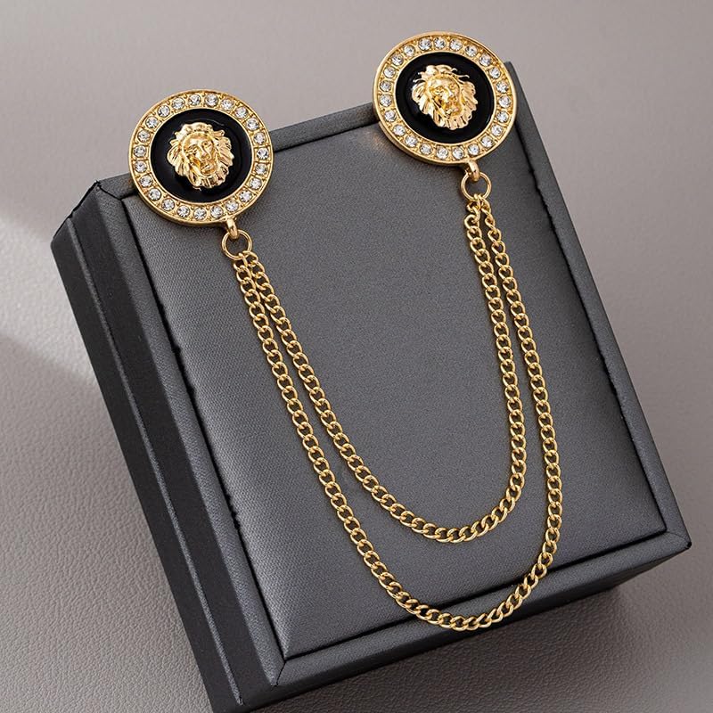 Vintage Lion Head Coin Brooch Black Enamel Rhinestone Chain Lapel Pin