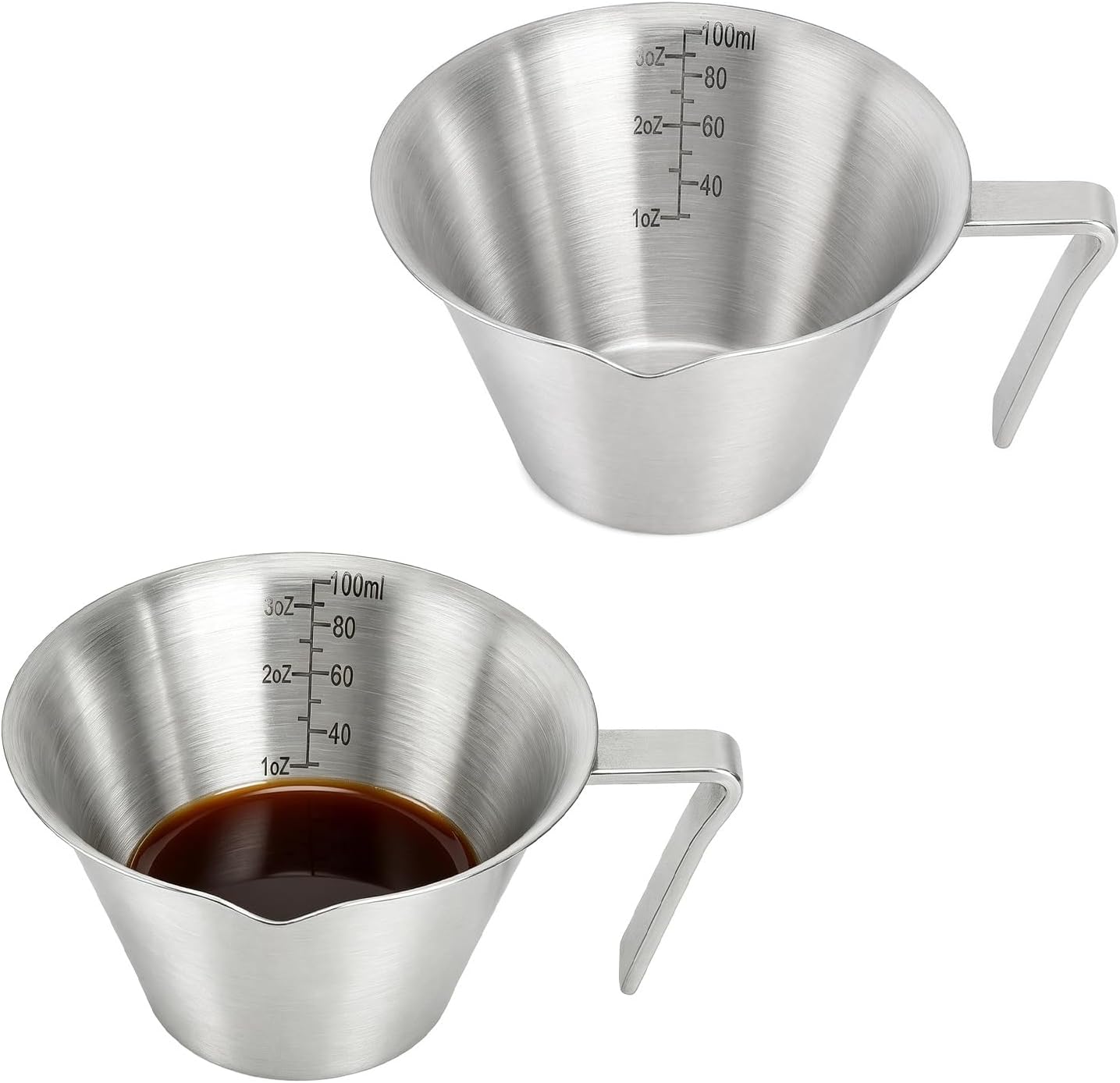 2 kubki z miarką do espresso, ze stali nierdzewnej 304, dzbanek do espresso z uchwytem, 100 ml, wylewka w kształcie litery V, do domu, biura, kawiarni