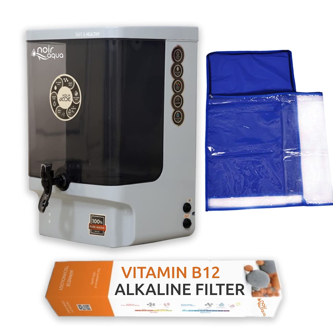 Noir Aqua Jade RO Water Purifier with B12 Alkaline Filter RO + UV + UF + TDS Control + Pre Filter + Protection Cover & Accessories, RO Water Filter System for home 10 Ltrs, 8 Stage (Gray Black)