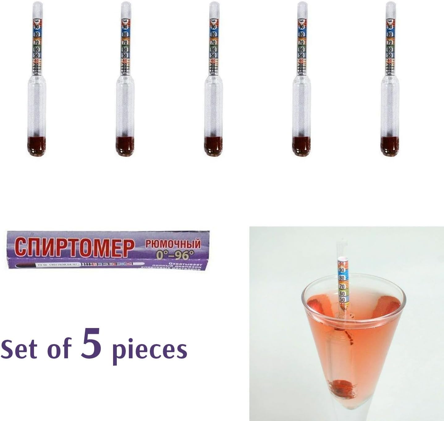 Set of 5 Small Pocket Alcoholmeter Spirtometer Hydrometer Alcohol Meter Tester 0-96%