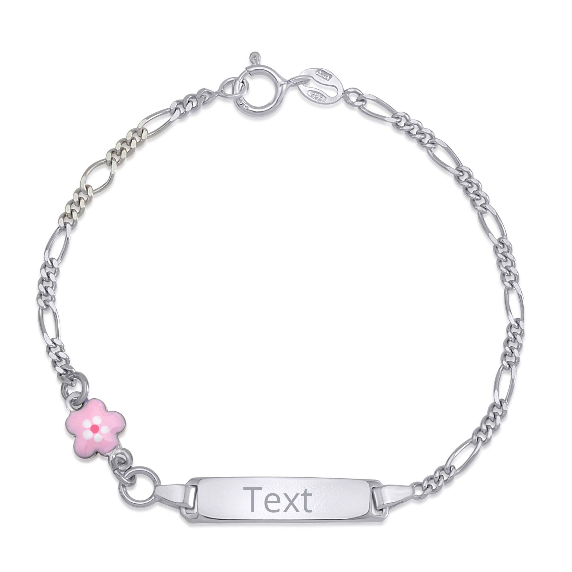 UNICORNJ 925 Italy Sterling Silver Child or Baby Name Bracelet Girls Boys, Personalized Engraved Kids ID Bracelets, 6.5" Figaro Chain, Enamel Charm Newborn Infant Toddler Kid Jewelry