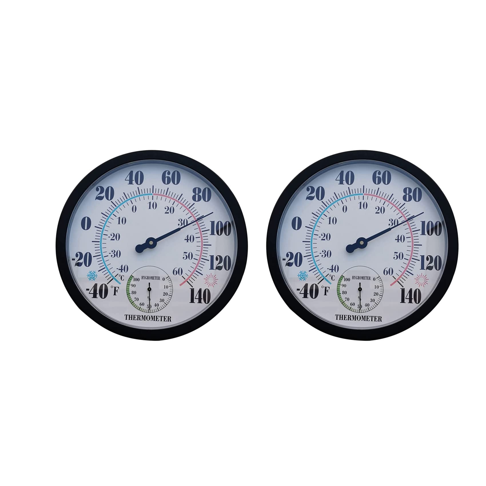 2 x termometr do użytku wewnątrz i na zewnątrz, do ogrodu, na ścianę, taras, termometr pogodowy, higrometr, duża liczba, średnica 25,4 cm (czarny)