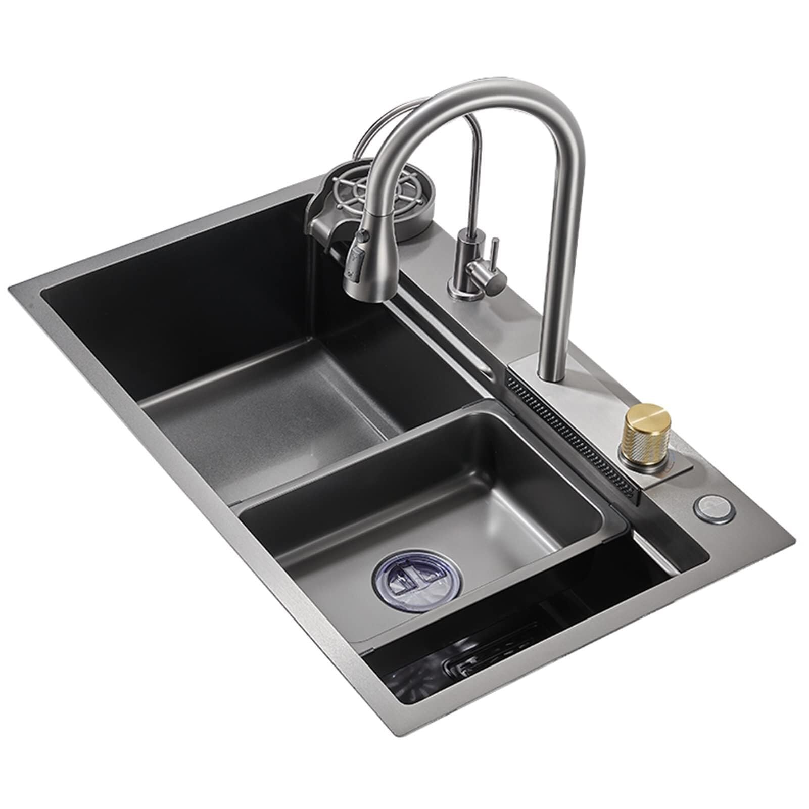 SDdPulse Waterfall Kitchen Sink Stainless Steel with Multifunctional Tap - Built-in or Flush-Mounted Installation for Yard and Office, Grey-68 x 46 cm