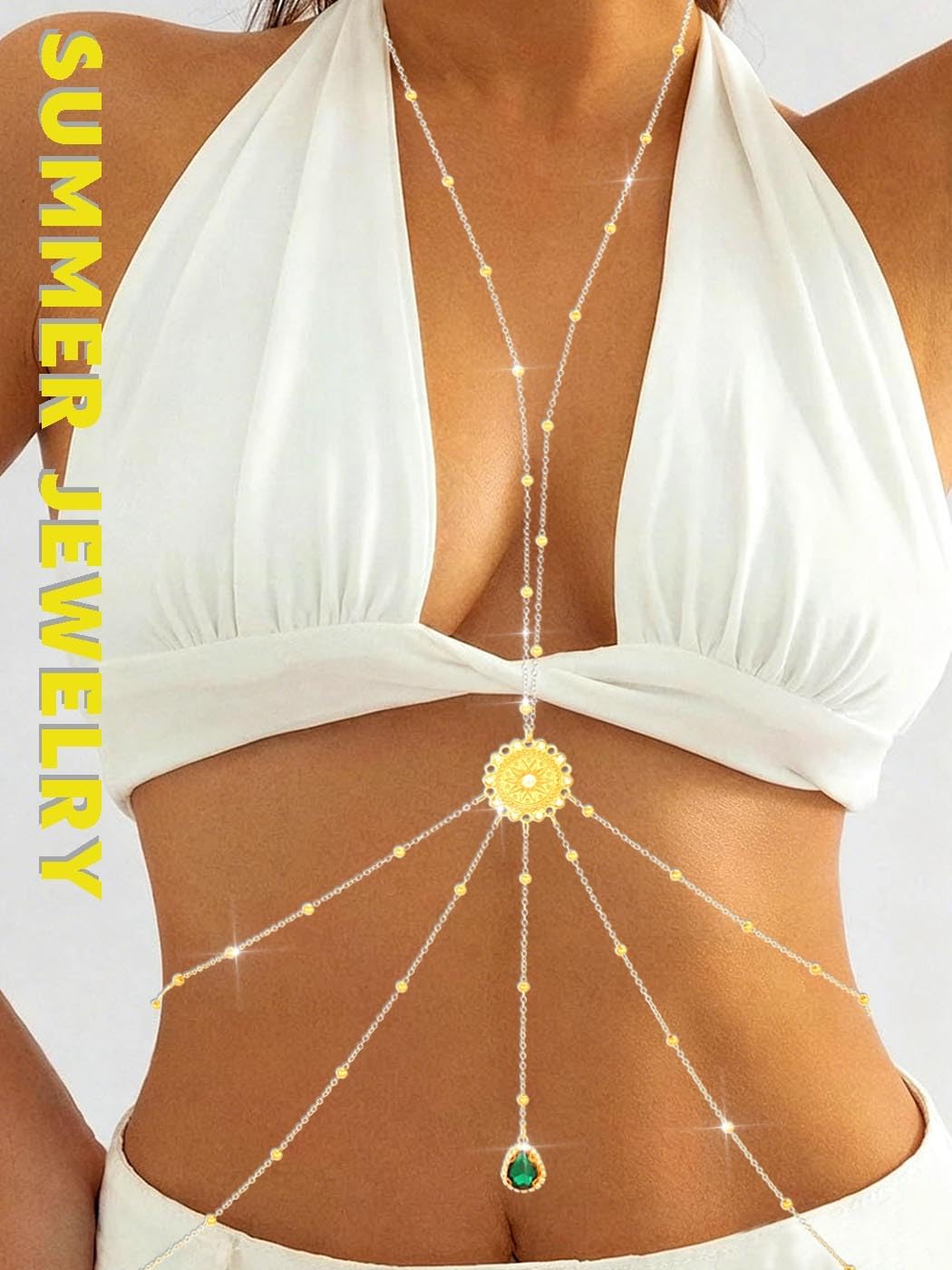 Gold Body Chain for Women Layered Rhinestone Waist Chains Summer Beaded Bra Body Jewelry Gifts