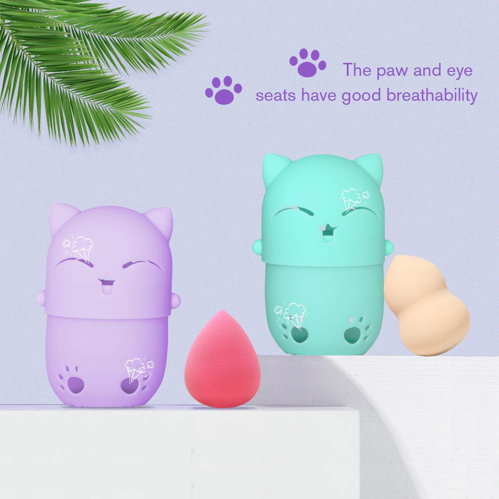 NaFurAhi Makeup Sponge Case, Cute Cat Shaped Containers, Silicon made Perfect for Traveling, Keep Makeup Sponges in a Safe &Sanitary, with 2 Fashion Hair Clips &2 Sponge Holders (Pink+Purple)