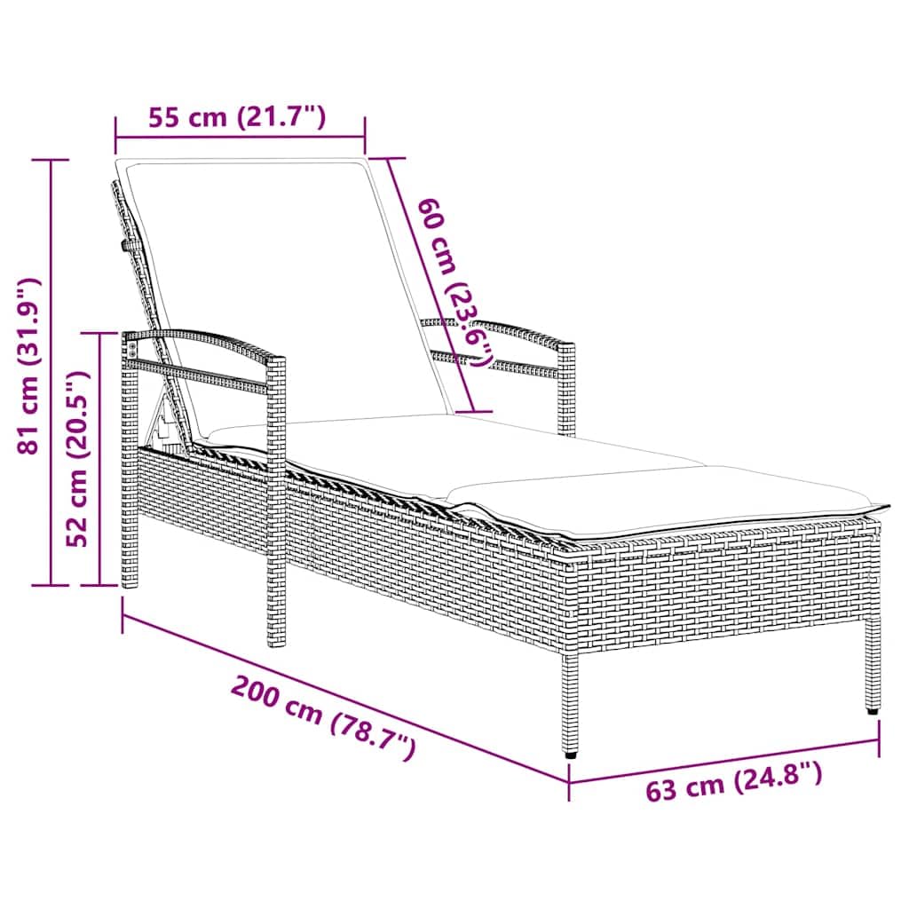 Lettino Prendisole in Polyrattan Grigio con Cuscino Blu Navy | Sdraio da giardino reclinabile in 3 posizioni, ideale per terrazza, bordo piscina e solarium esterno.