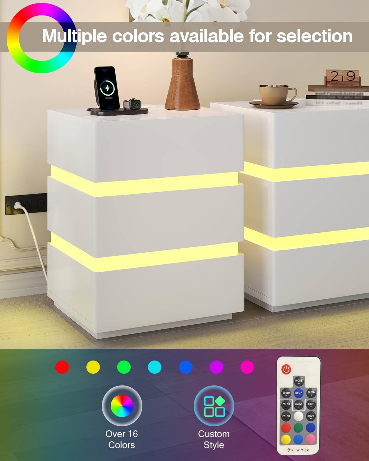 Nightstand with Charging Station and LED Lights, Night Stand with 3 Drawers, Modern End Table Side Table with USB Ports and Outlets, White (1)