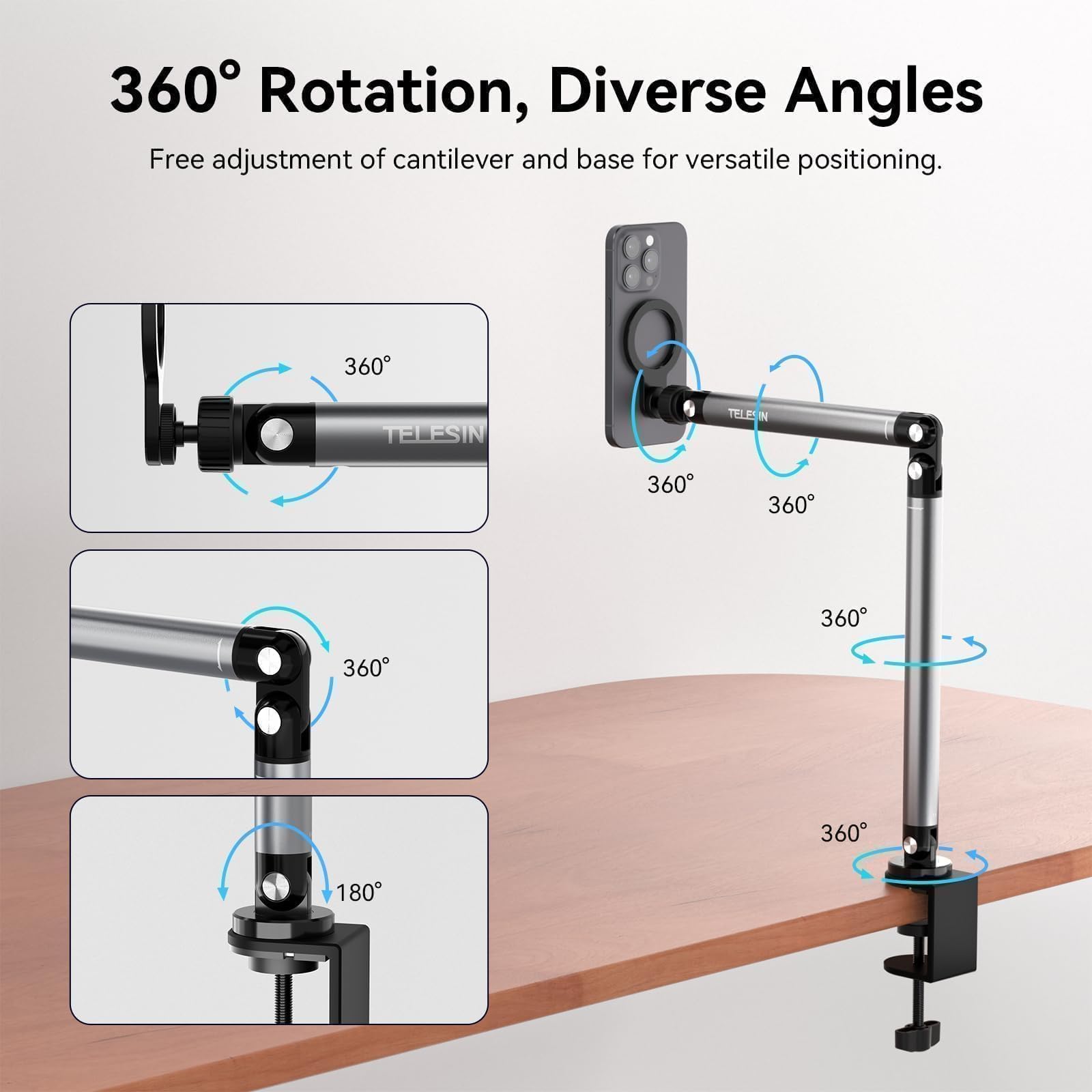 TELESIN Magnetic Phone Holder For Desk & Bed, Strong Magnetic, Tablet Stand Holder With Long Arm - Image 3