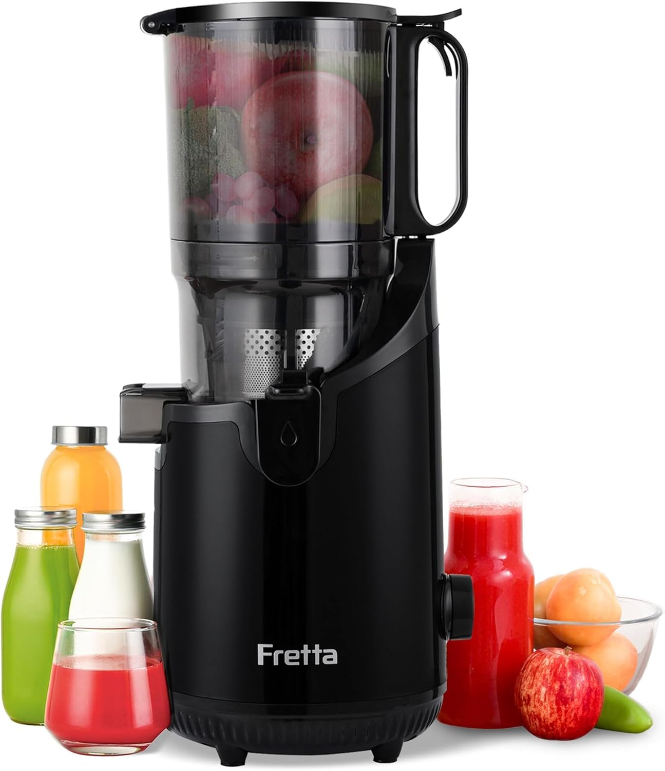 Kaltpress-Entsafter, langsam mastizierender Entsafter mit 13,5 cm extra groer Futterschiitte, passend fur ganze Fruchte umdGemuse, selbstfutterend, muhelos, fur Chargenentsaften(Matte Black, 1.8L)