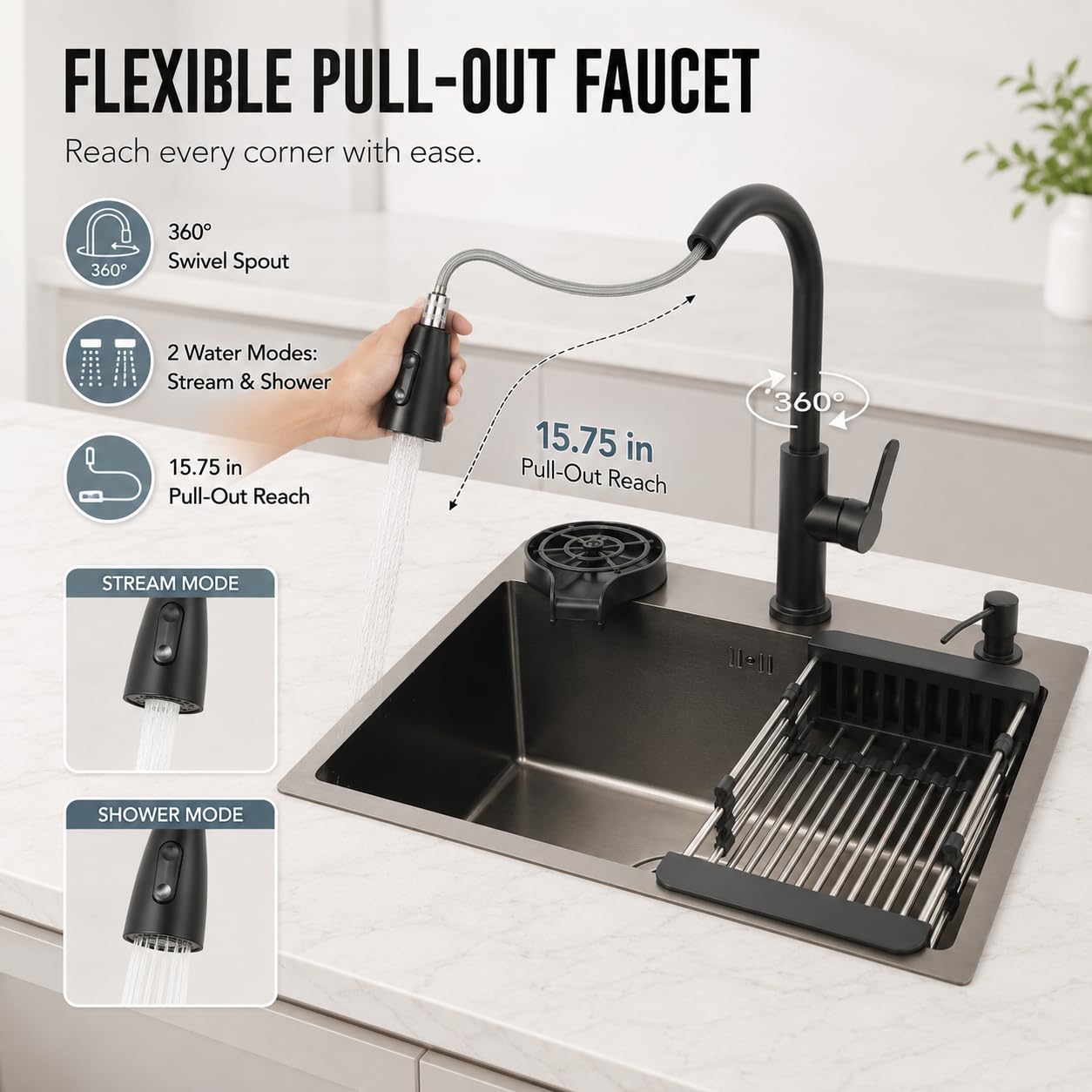 Lavello da cucina in acciaio inox, 1 vasca, 45 x 40 cm, con rubinetto estraibile, lavello da incasso con lavacalici, cestello scolapiatti e dispenser di sapone, per ristoranti, caffè, bar e hotel