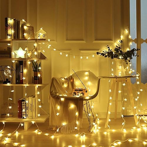 Miniatura 7 de Merdeco Guirnalda de luces de estrella, 16 pies/16.4 ft, 50 luces LED enchufables, luces de hadas blancas cálidas para Navidad, boda, fiesta,