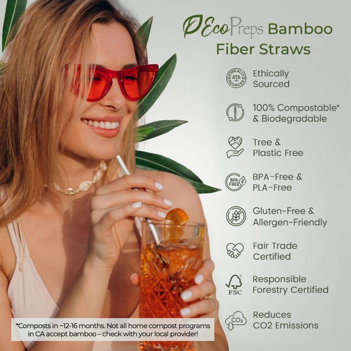 EcoPreps Biodegradable Bamboo Fiber Straws, Plastic-Free Individually Wrapped Straws | 300 Count, 100% Compostable, Eco-Friendly Drinking Straw | 7.8'' Plant Fiber Disposable Straw in White Paper Wrap