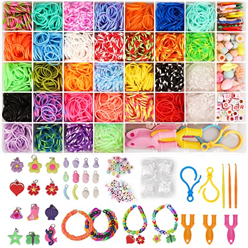 2500+ Elastique Bracelet Kit, 40 Grilles Bricolage Élastique Loom Bands Kit, Enfant Caoutchouc Bracelet Collier Jouets avec Boîte de Rangement et Charmes, Cadeaux Creation Anniversaire pour Fille
