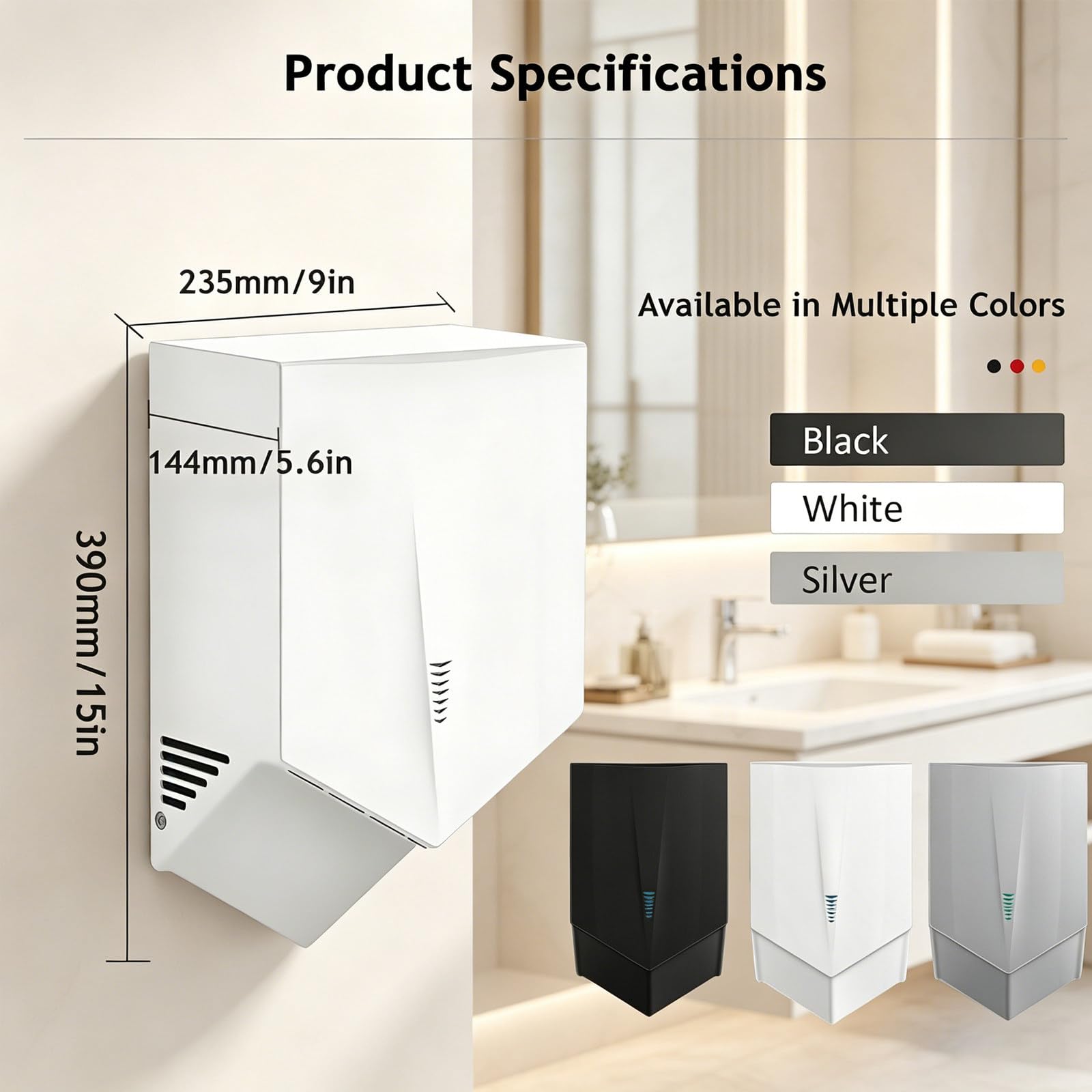 Asciugamani elettrico, sensore automatico da 1500 W, asciugatura igienica senza contatto, velocità dell'aria 100 m/s, asciugatura rapida 7-10 secondi, ideale per bagni pubblici, uso commerciale