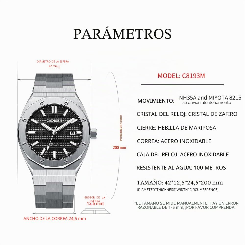 CADISEN - Reloj automático para Hombre con Cristal de Zafiro Impermeable a 100 m