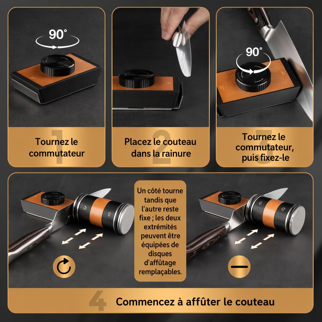 Aiguiseur Couteau Roulants de Couteau Cuisine, Aiguiseur de Couteaux Professionnel Avec 5 Disques à Meuler, Affuteur de Couteaux à Rouleau pour Angle de 15 et 20, Pierre à Aiguiser (Noir)