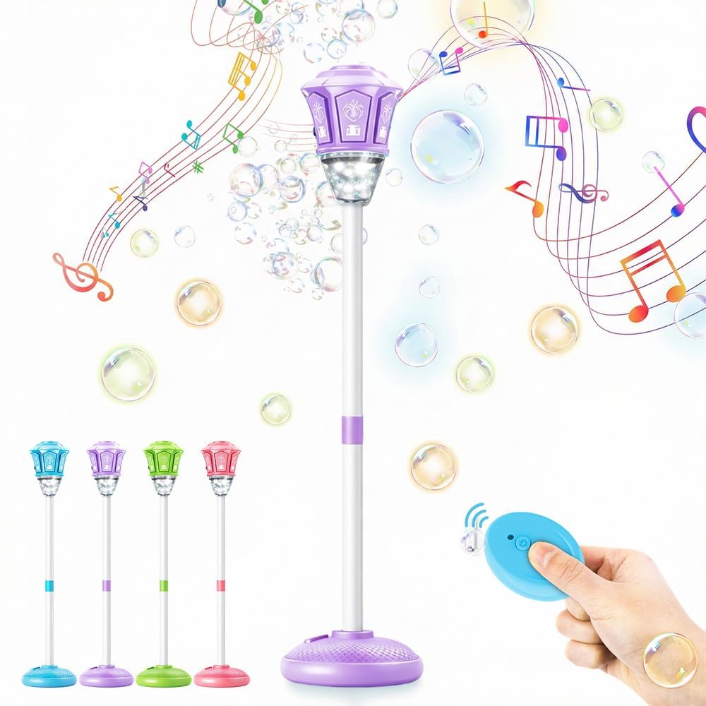 Automatic Bubble Machine, Standing Blower with Lights and Music, Torch Tower Adjustable Height Stand Maker for Birthday Party Wedding Outdoor Garden Patio(Purple)