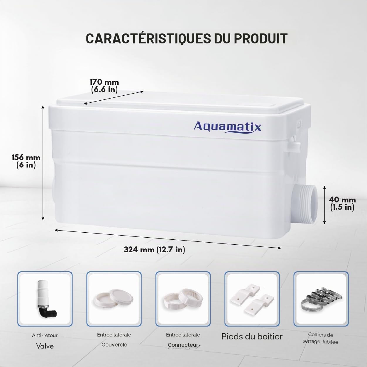 Aquamatix Duscha Pompe de douche 250W Pomp de Relevage Broyeur Sanitaire 10m Distance de pompage verticale 135L/minpour douches, éviers 2 entrées