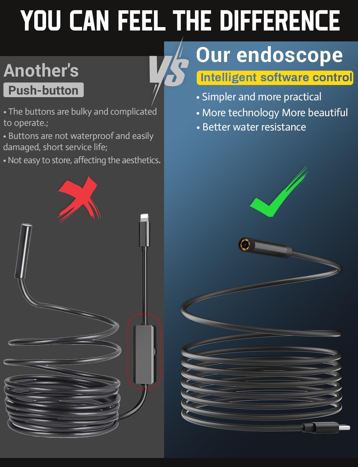 Endoscopio con luce, endoscopio HD 1920P con fotocamera a serpente semirigida da 1,8 m, telecamera endoscopica con 8 luci LED regolabili, telecamera di ispezione impermeabile IP67 da 7,9 mm per iOS