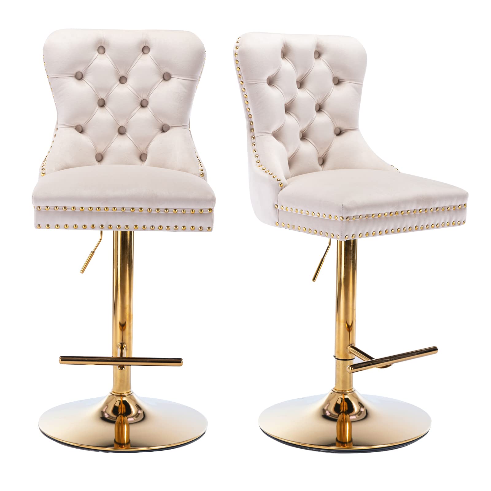 Velvet Bar Stools Set of 2, Adjustable Swivel Counter Height Bar Stools with Nailheads Trim, Back Ring Pull Trim and Gold Footrest, Upholstered Bar