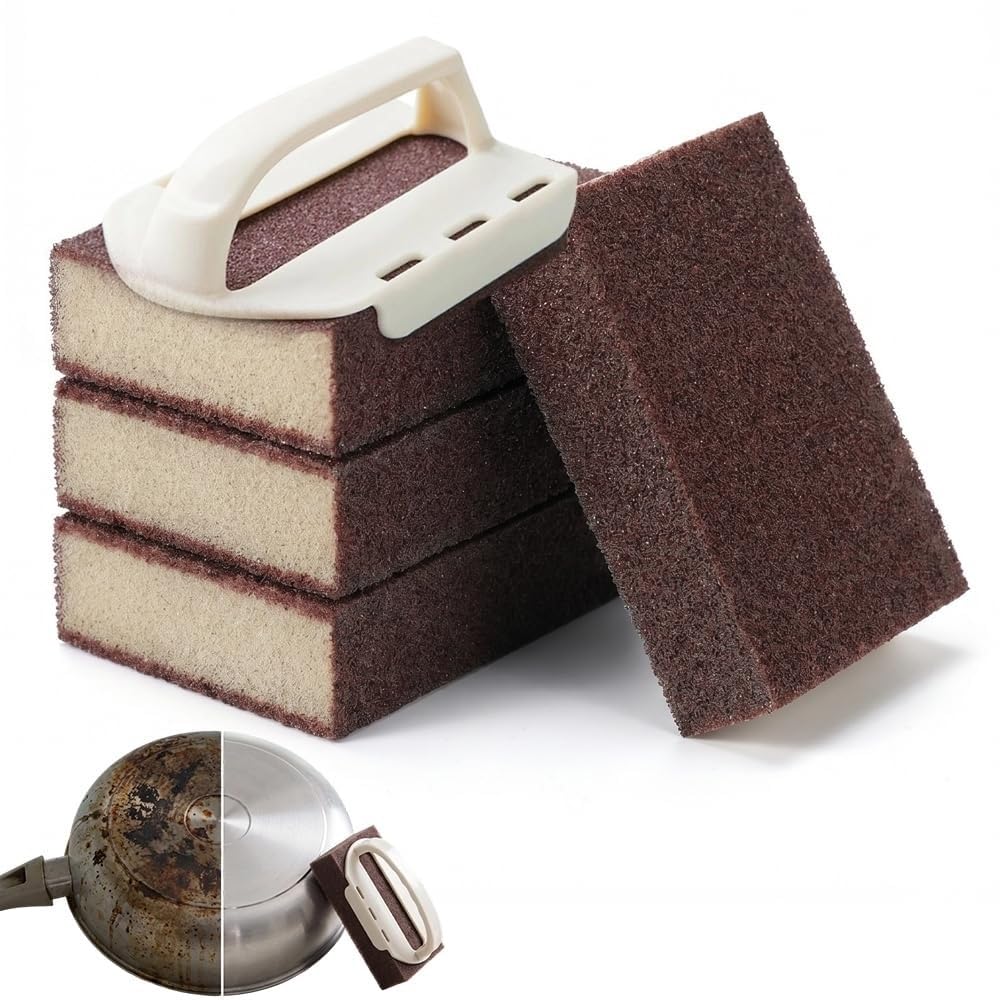 Heavy Duty Nano Carborundum Cleaning Sponge, Magic Emery Scrub Pad, Rust & Stain Remover Pot Scrubber for Stainless Steel Pots, Pans and Kitchen Cookware(4pcs+1handle)