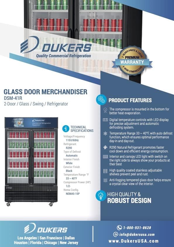 Graphic detailing product features of the Dukers DSM-41R, including bottom-mounted compressor, digital temperature controls, R290 refrigerant, LED lighting, and anti-fog glass.