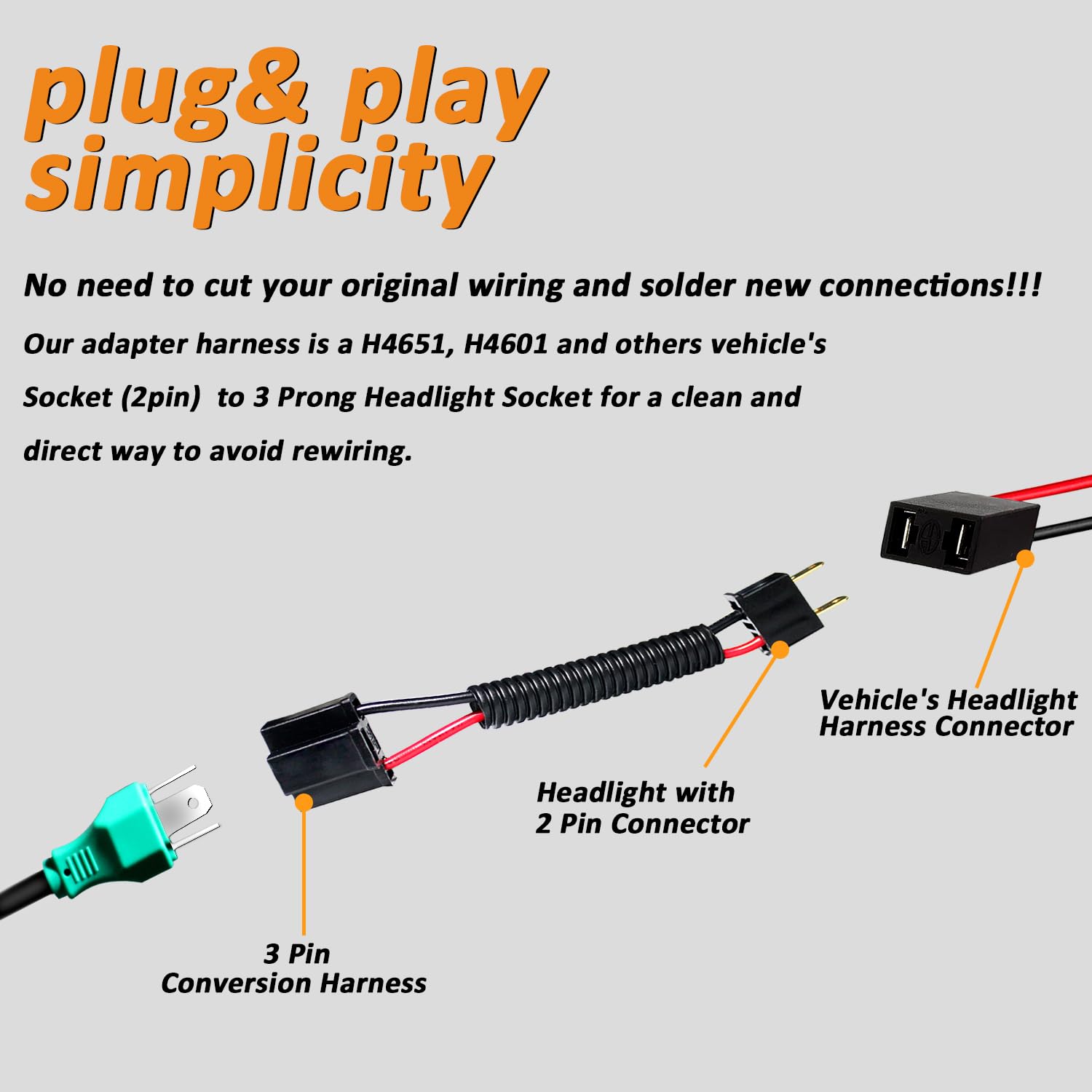 Snapklik.com : RoadandLord 3 Prong To 2 Prong Wiring Harness Headlight ...