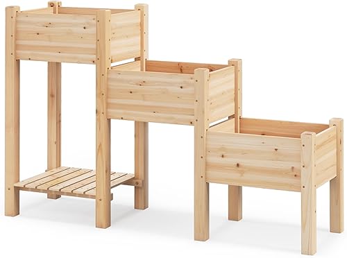 COSTWAY Raised Garden Bed, 3-Tier Wooden Elevated Planter Stand with Open Shelf & Drainage Holes, Outdoor Garden Bed Planting Boxes for Vegetables, COSTWAY Raised Garden Bed, 3-Tier Wooden Elevated Planter Stand with Open Shelf & Drainage Holes, Outdoor Garden Bed Planting Boxes for Vegetables,