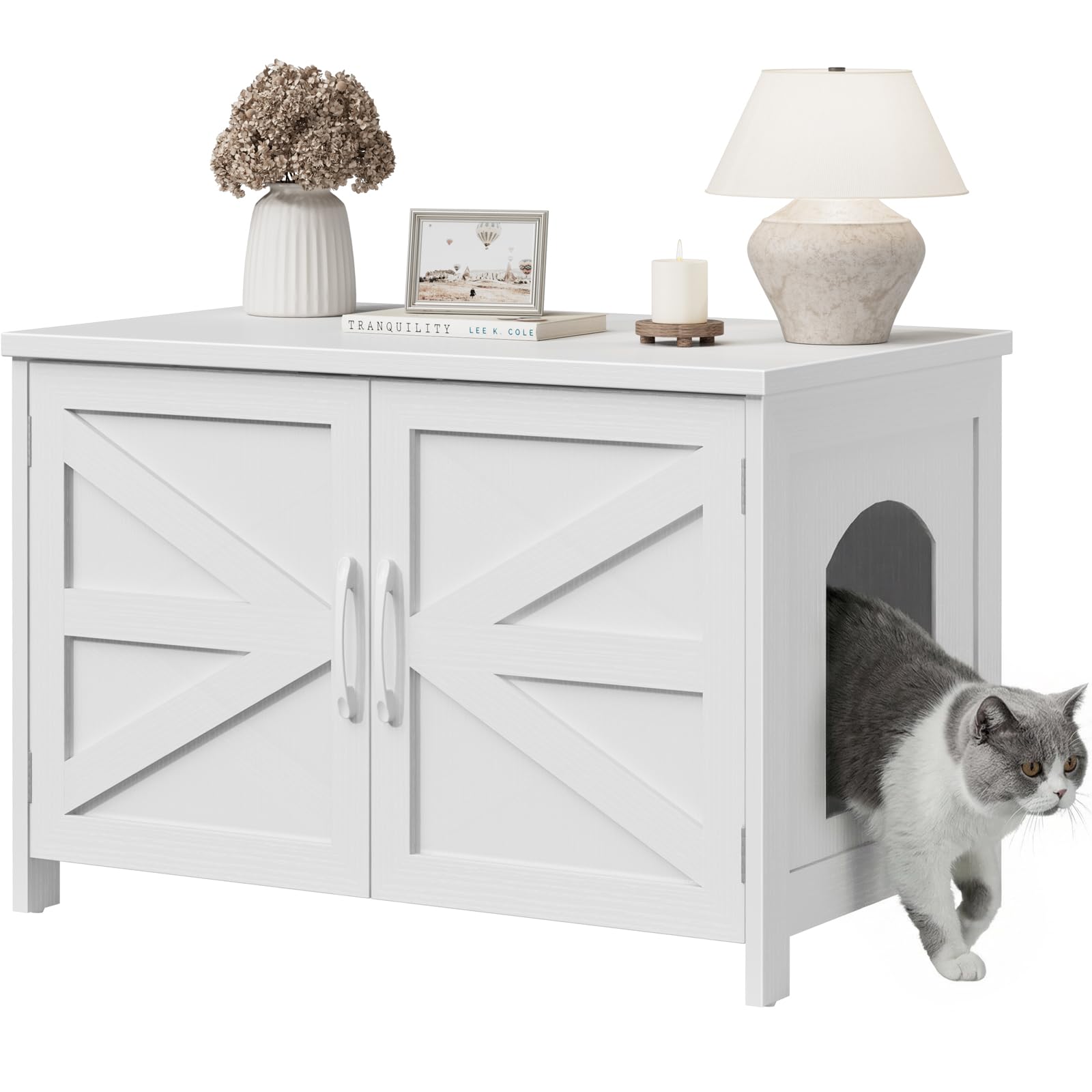 Cat Litter Box Enclosure Furniture - Wooden Hidden Cat Washroom Furniture with Barn Door, Wood Pet House Litterbox, White Extra Large XL Enclosed Litter Hiding Enclosures