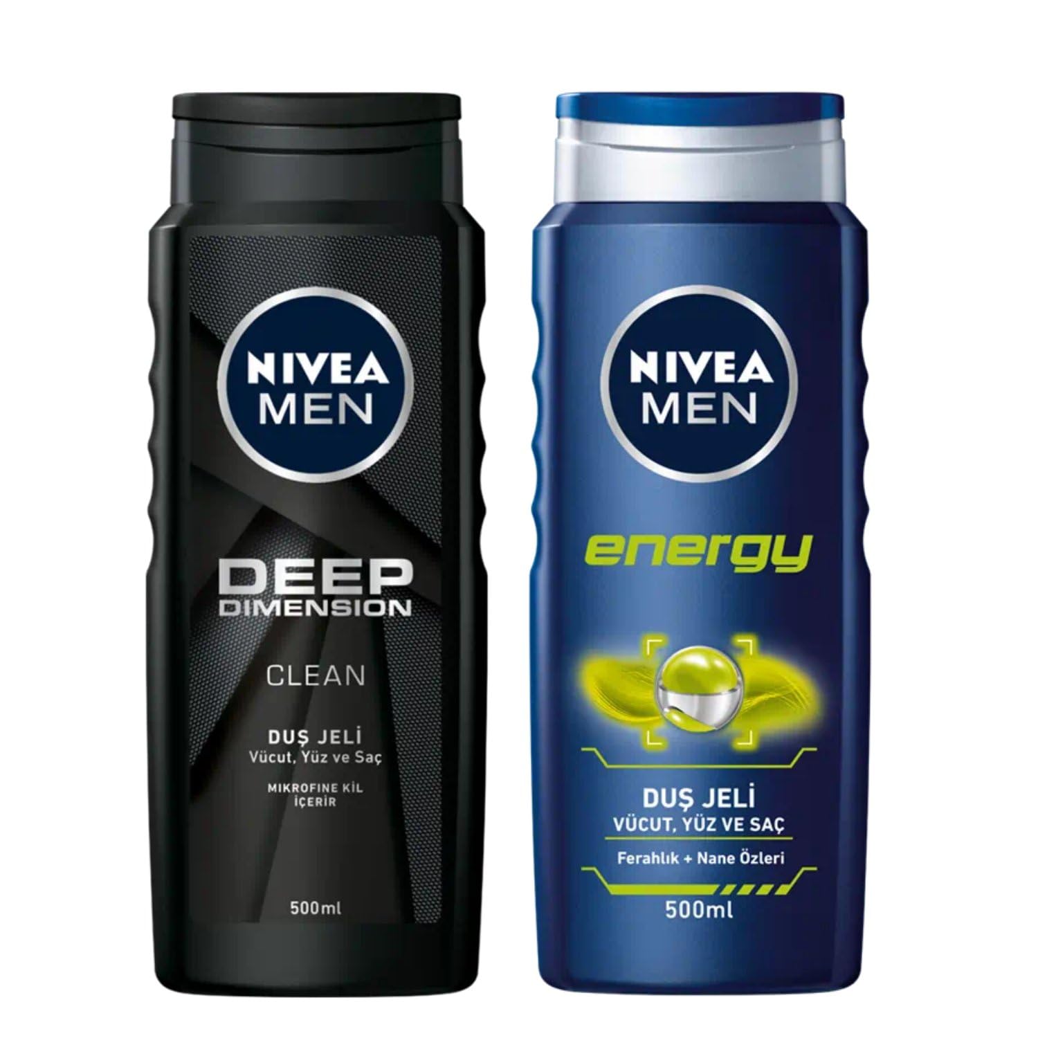NIVEA Men Deep Dimension Duş Jeli 500 ml, 3'ü 1 Arada Komple Bakım, Vücut, Saç ve Yüz + NIVEA Men Energy Duş Jeli, 500 ml, 3'ü 1 Arada Komple Bakım, Vücut, Saç ve Yüz