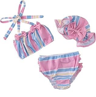 Conjunto de 3 peças de roupa de banho para bebês meninas com babados, chapéu curto, 3 peças, roupa de banho com laço e biquíni roupa de praia