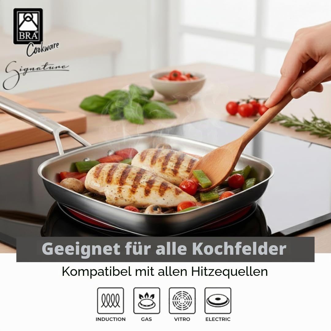 BRA Signature | Grillpfanne mit Rillen 28 cm, Edelstahl | Ohne Antihaftbeschichtung, ergonomischer Griff, alle Herdarten geeignet