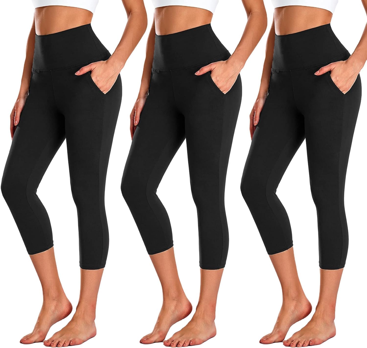 FuelMeFoot 3/4 Leggings Damen High Waist Schwarz Capri Leggins Blickdicht für Sport Yoga Gym.