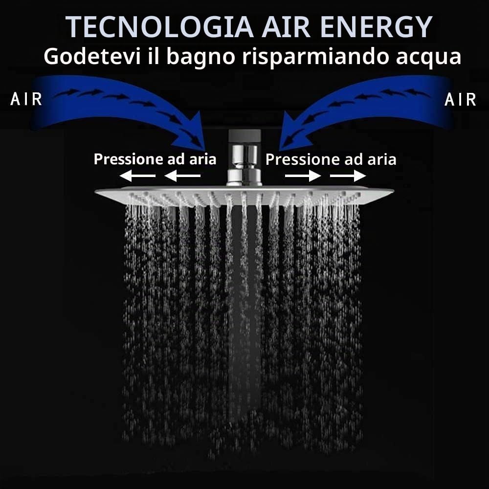 Soffione Doccia a Pioggia in Acciaio Inox, 30 x 30 CM, 12 Pollici Docce Fisso Quadrato, Acciaio, Cromo, ugello anti-otturazione