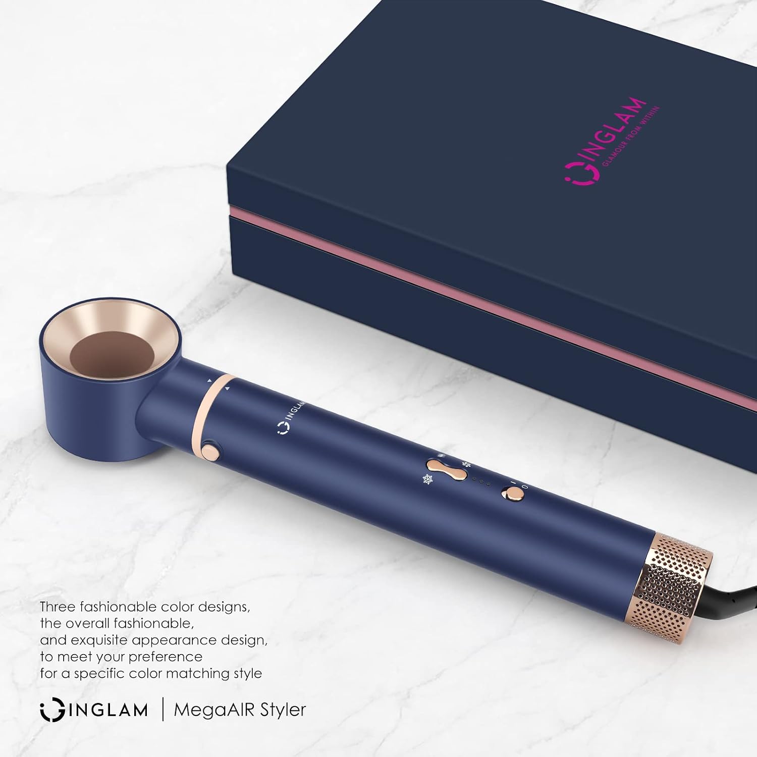 IG INGLAM MegaAIR Styler, 5 in-1 Professional Interchange Hair Dryer Brush 110,000 RPM Brushless BLDC Motor Ionic Hot Air Styler Volumizing and Shape, Prussian Blue