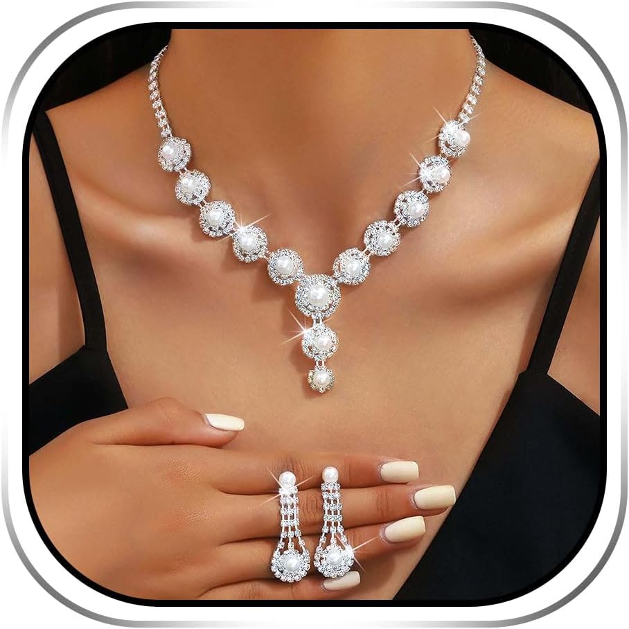 Sixexey Pearl Rhinestone Jewelry Set Silver Bridal Jewelry Pearl Wedding Prom Jewelry Accessories for Women
