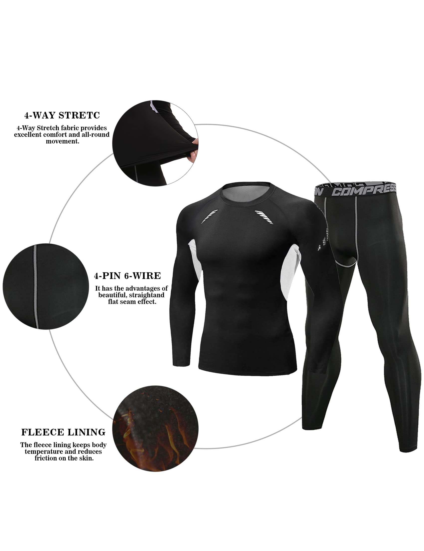 Terecey Ensemble de sous-Vêtement Thermique Homme Fonctionnels Ensemble Sport Base Layers Homme Respirant sous Vêtements Thermiques Homme Séchage Rapide