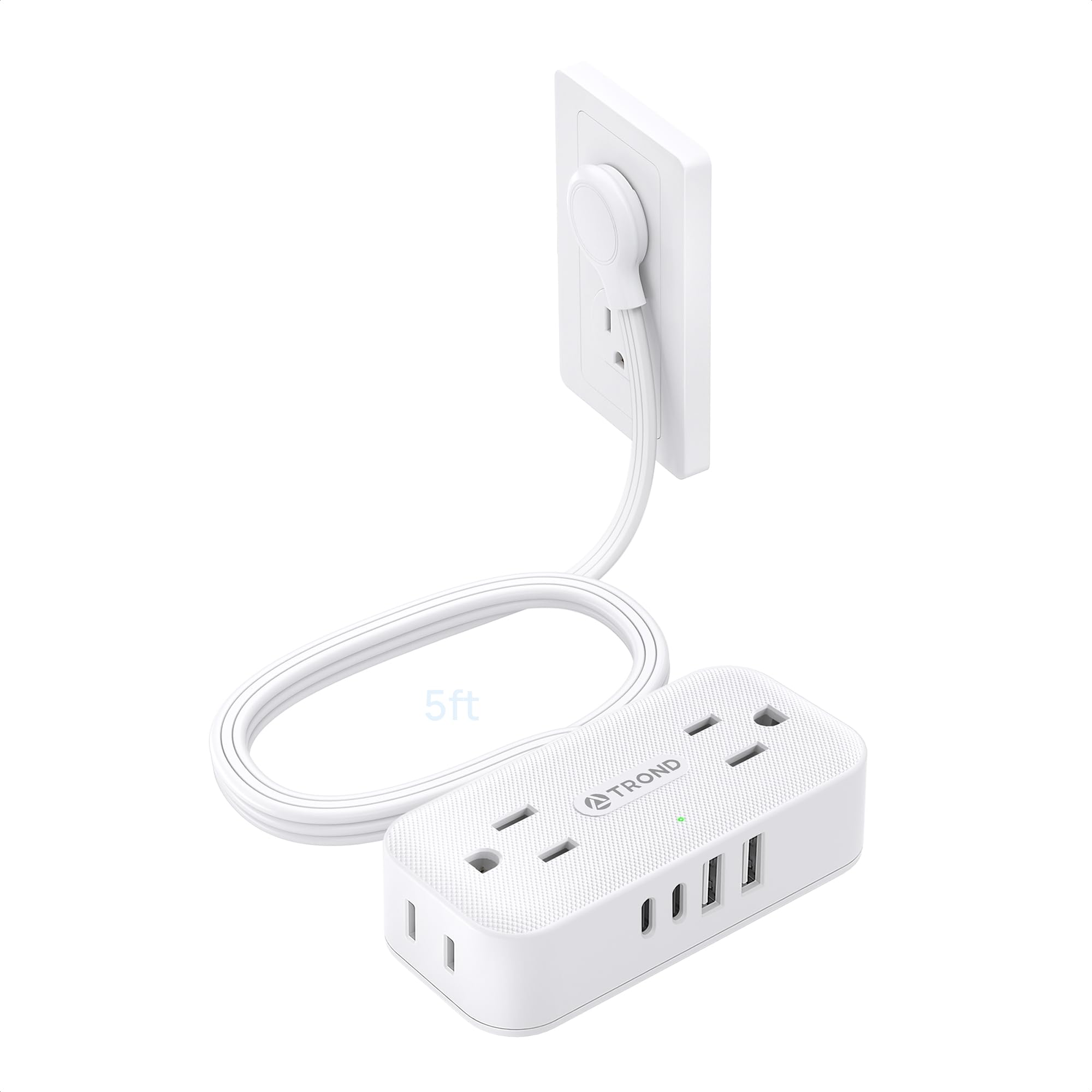TROND Flat Plug Power Strip 5FT, Small Flat Extension Cord with Multiple Outlets, 4 AC and 4 USB Ports (2 USB C), Wall Mount 900J Surge Protector for Home Office Travel Dorm Room Essentials, White