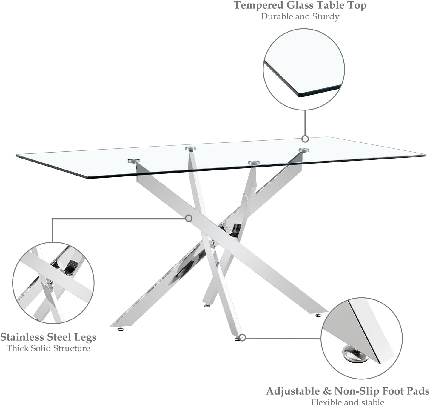 63'' Luxury Dining Table Set for 6, 7 Pieces Modern Rectangular Clear Tempered Glass Top Table and PU Leather Chairs for Large Dining Room, Living Room, Kitchen, Black with Silver Base