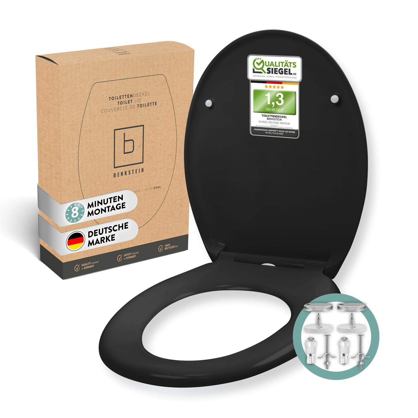 BENKSTEIN Premium Toilettendeckel antibakteriell oval schwarz - Duroplast Klodeckel mit Quick-Release-Funktion und Softclose Absenkautomatik - Toilettensitz aus rostfreiem Edelstahl abnehmbar WC Sitz