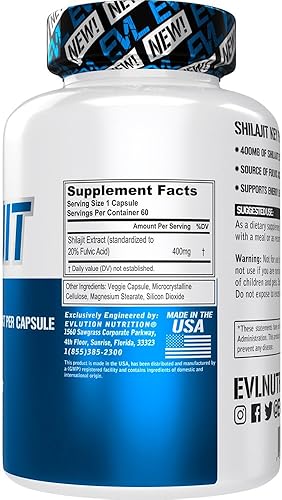 Miniatura 2 de Evlution Nutrition Shilajit - Apoyo energético - 400 mg de extracto de shilajit - Suplemento de ácido fúlvico - Cápsulas vegetarianas - para el