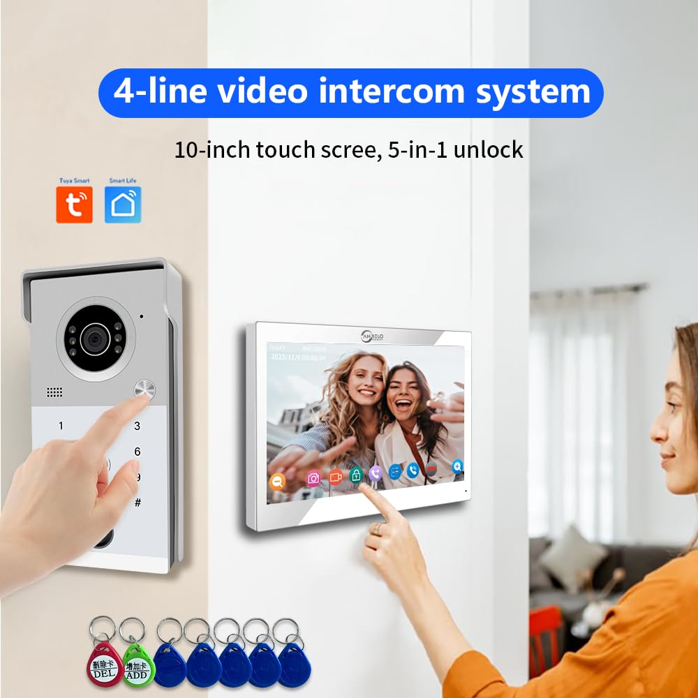 ANJIELO SMART 4-przewodowy wideodomofon, dom rodzinny, dzwonek wideo HD 1080p z monitorem 7 cali, dzwonek wideo, kamera dzwonkowa, łatwa instalacja (1 dzwonek + 4 czarne monitory)