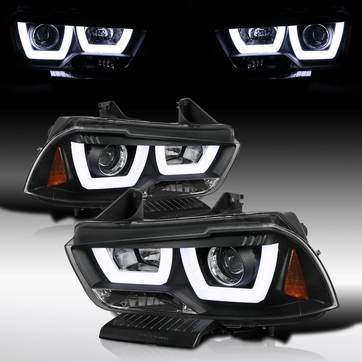 Autozensation Dual Halo Black Projector Headlight Assembly Pair for 2011-2014 Dodge Charger