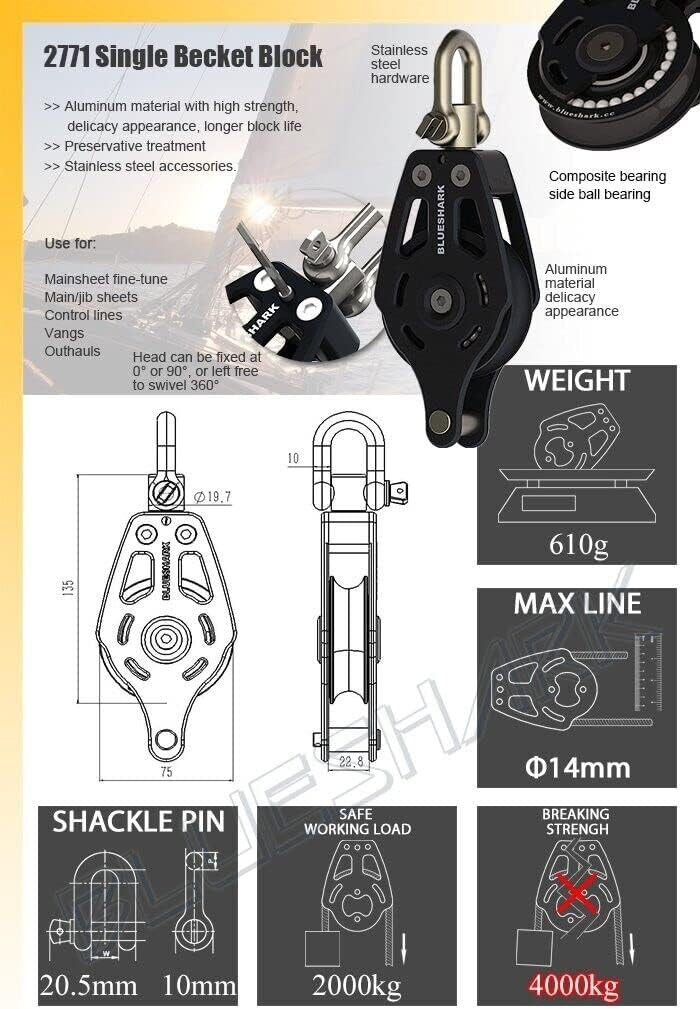 Blue Shark 75mm Single Swivel Becket High Performance Aluminum Sailing Block Choose Quantity (1-Pack) 2771